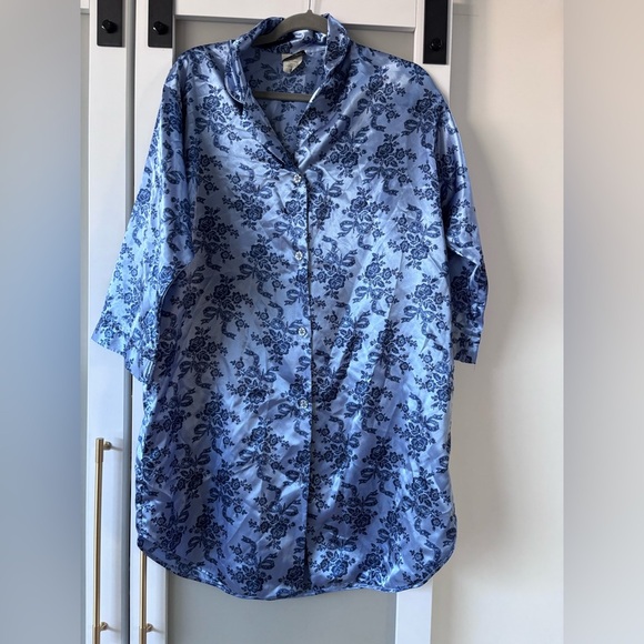 Vtg Jessica Blue Satin Floral Pajama Shirt - Picture 1 of 5
